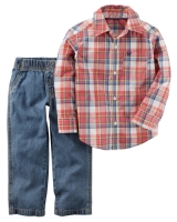 Carter' s 2 Piece Red/ Blue/ White Plaid Button Down Shirt with Blue Denim Pant Set