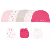 Luvable Friends Girl Cap and Scratch Mittens, 8-Piece Set, Pink Cutie