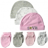 Hudson Baby Infant Girl Cotton Cap and Scratch Mitten 7pc Set, Love, 0-6 Months