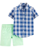 2-PIECE PLAID BUTTON-FRONT SHIRT & POPLIN SHORT SET